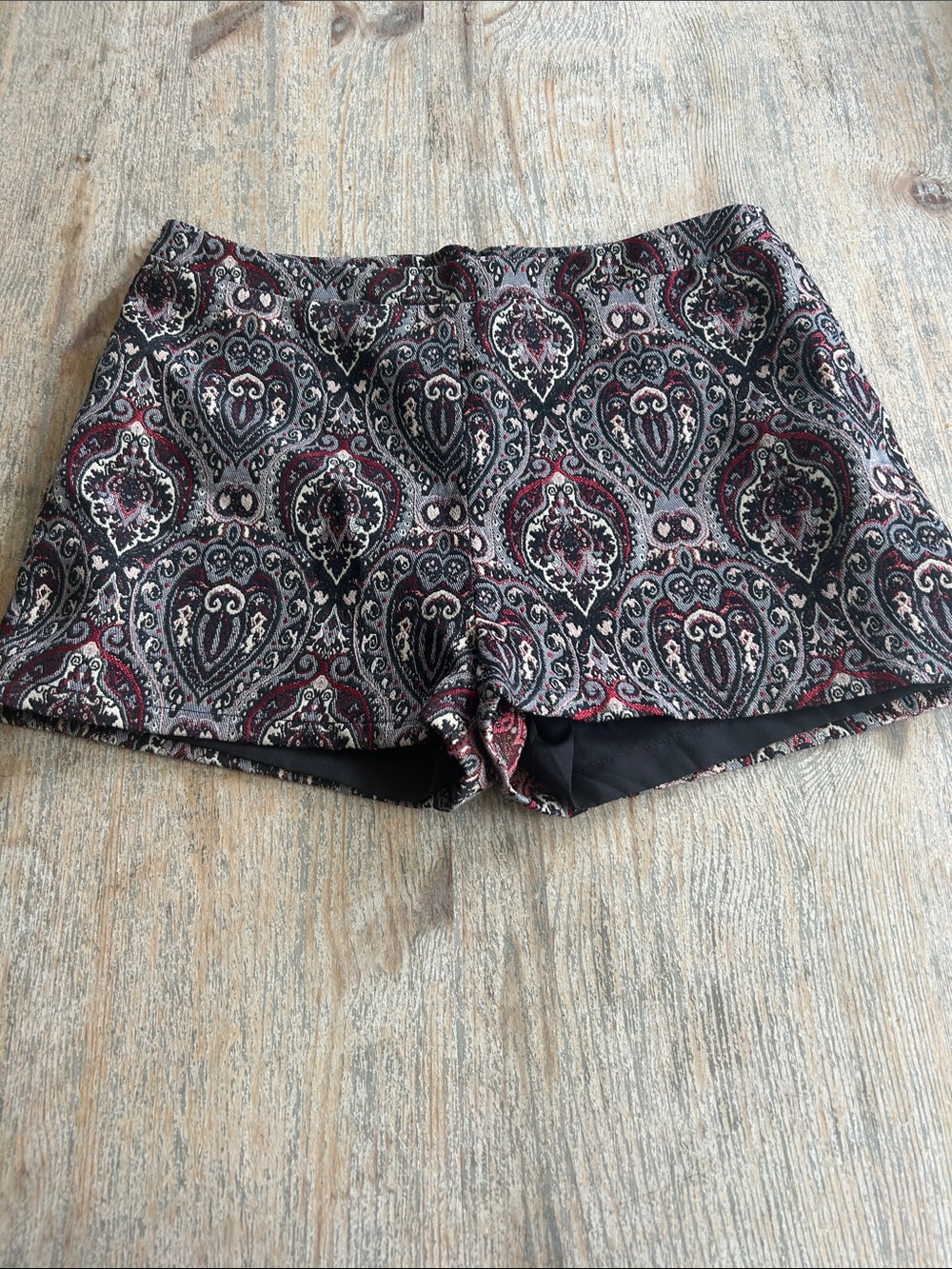 Jack by BB Dakota High-Waist Paisley Jacquard Shorts in Burgundy, Black and Gray